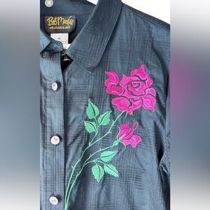 Bob Mackie Wearable Art Button Shirt Black Size Medium Embroidered Roses